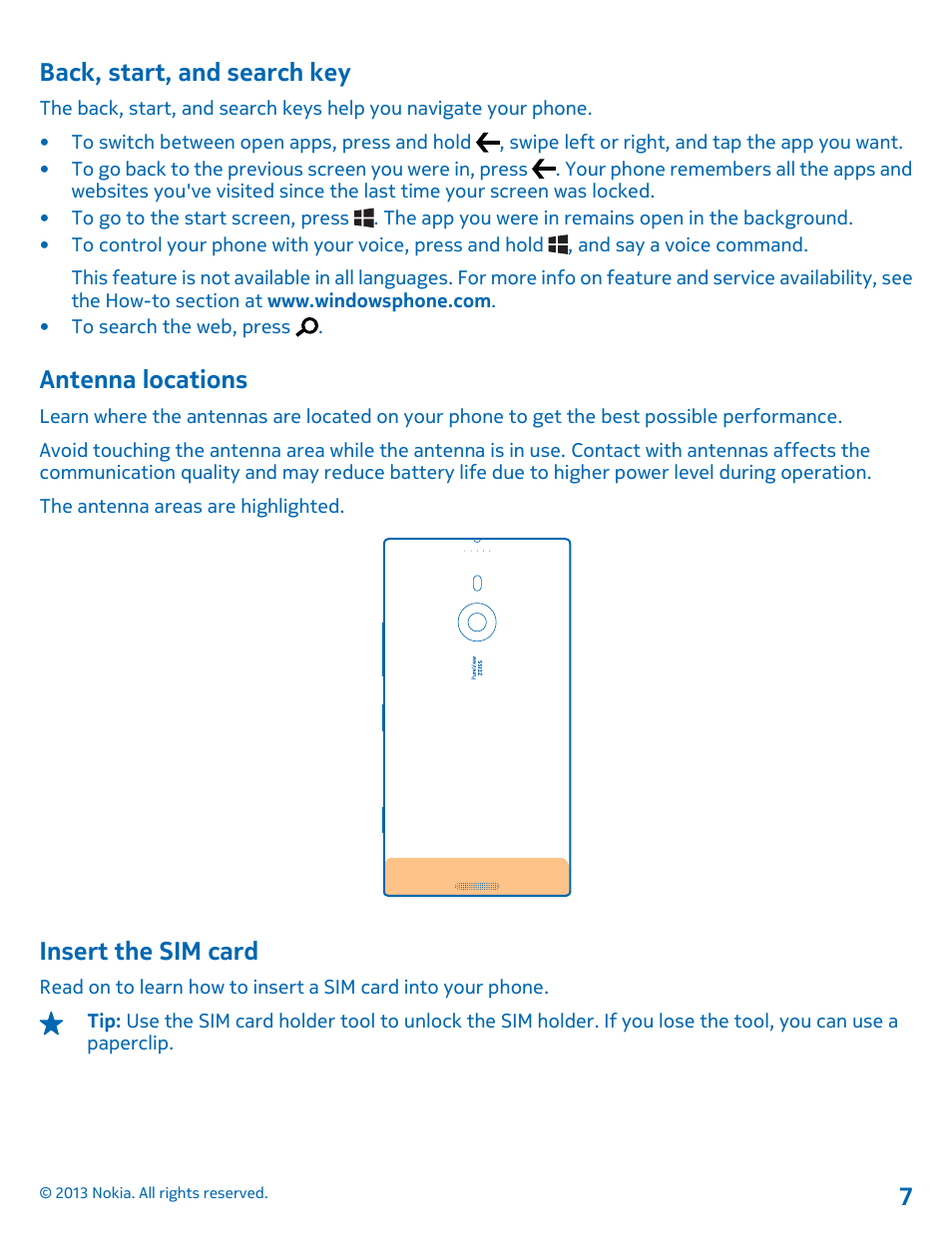 Back, start, and search key, Antenna locations, Insert the sim card | Nokia Lumia 1520 User Manual | Page 7 / 128