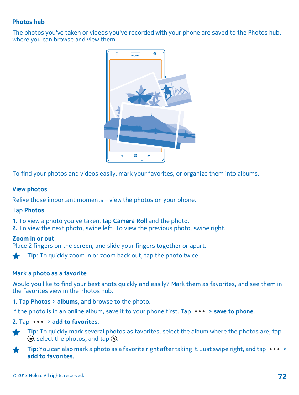 Photos hub, View photos, Mark a photo as a favorite | Nokia Lumia 1520 User Manual | Page 72 / 128