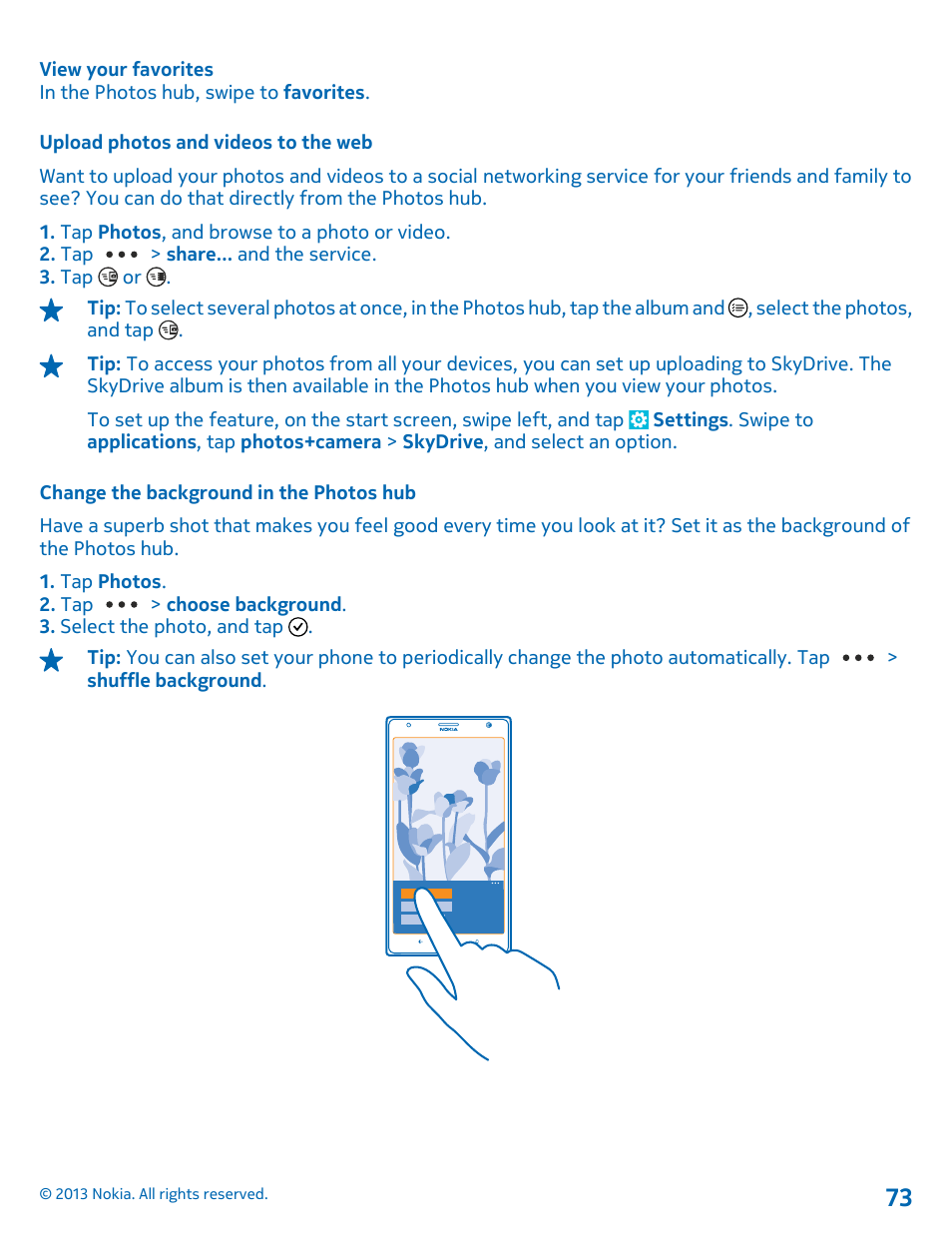 Upload photos and videos to the web, Change the background in the photos hub | Nokia Lumia 1520 User Manual | Page 73 / 128