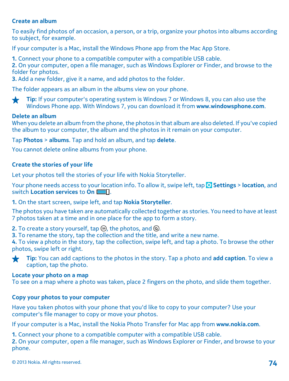 Create an album, Create the stories of your life, Copy your photos to your computer | Nokia Lumia 1520 User Manual | Page 74 / 128