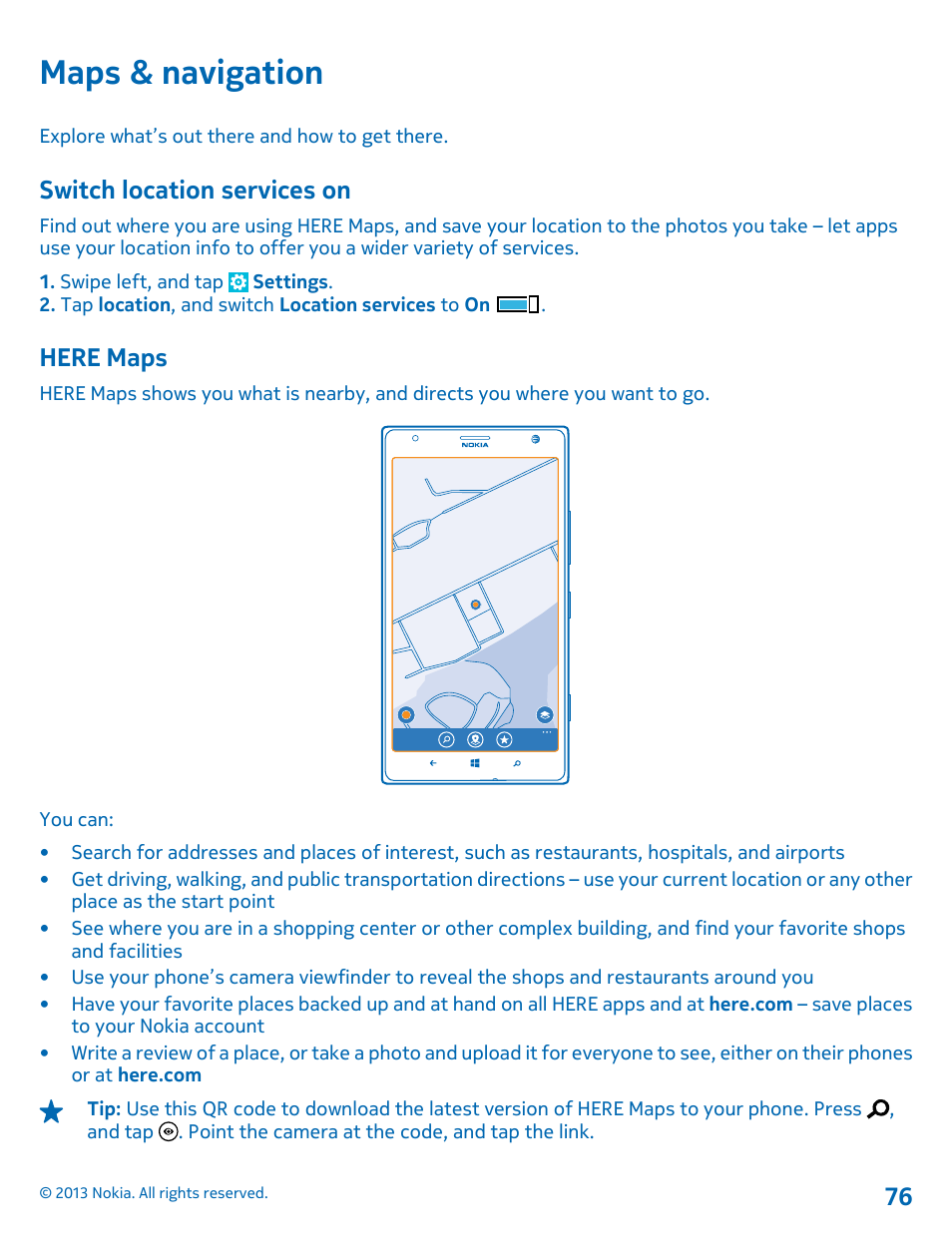 Maps & navigation, Switch location services on, Here maps | Nokia Lumia 1520 User Manual | Page 76 / 128