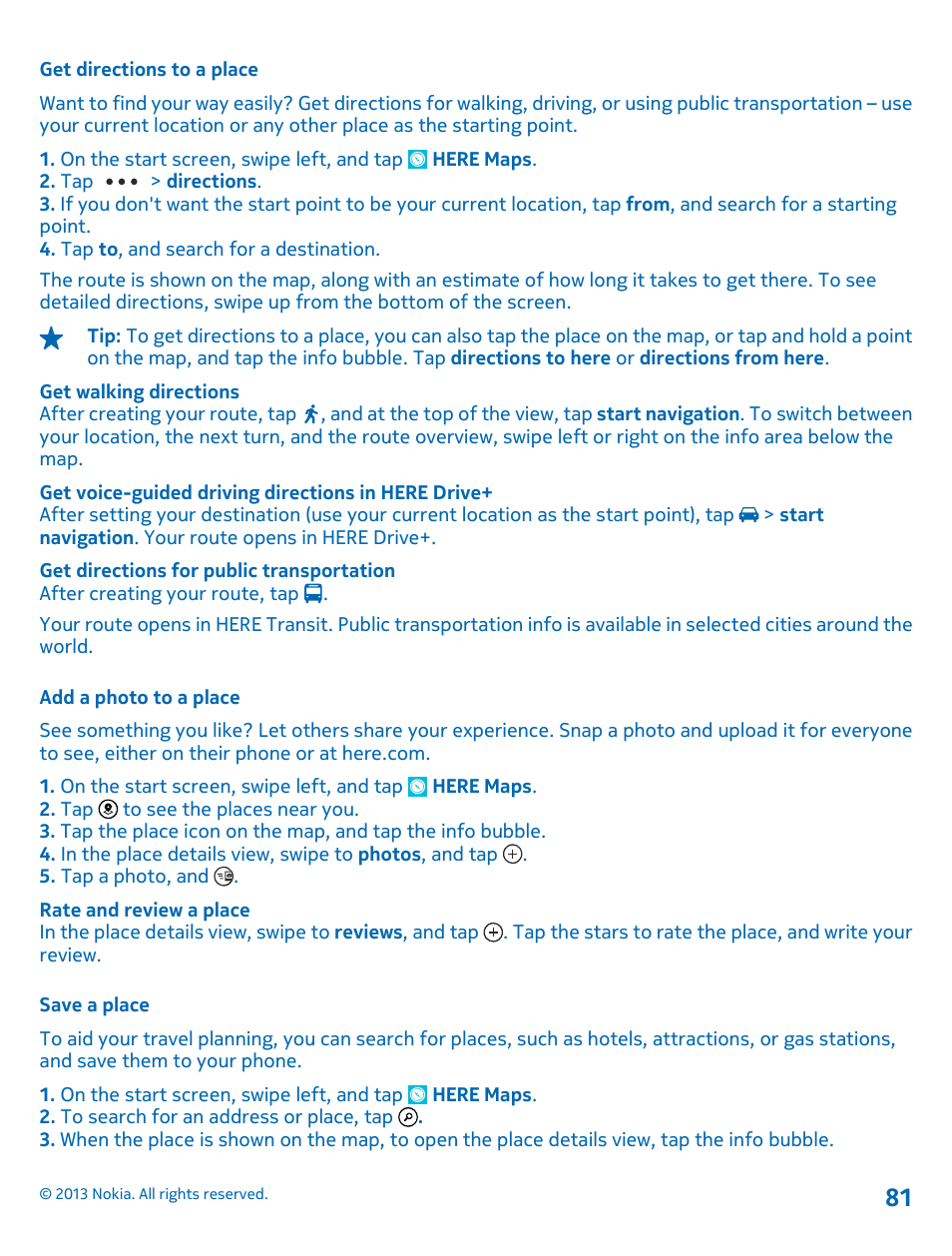Get directions to a place, Add a photo to a place, Save a place | Nokia Lumia 1520 User Manual | Page 81 / 128