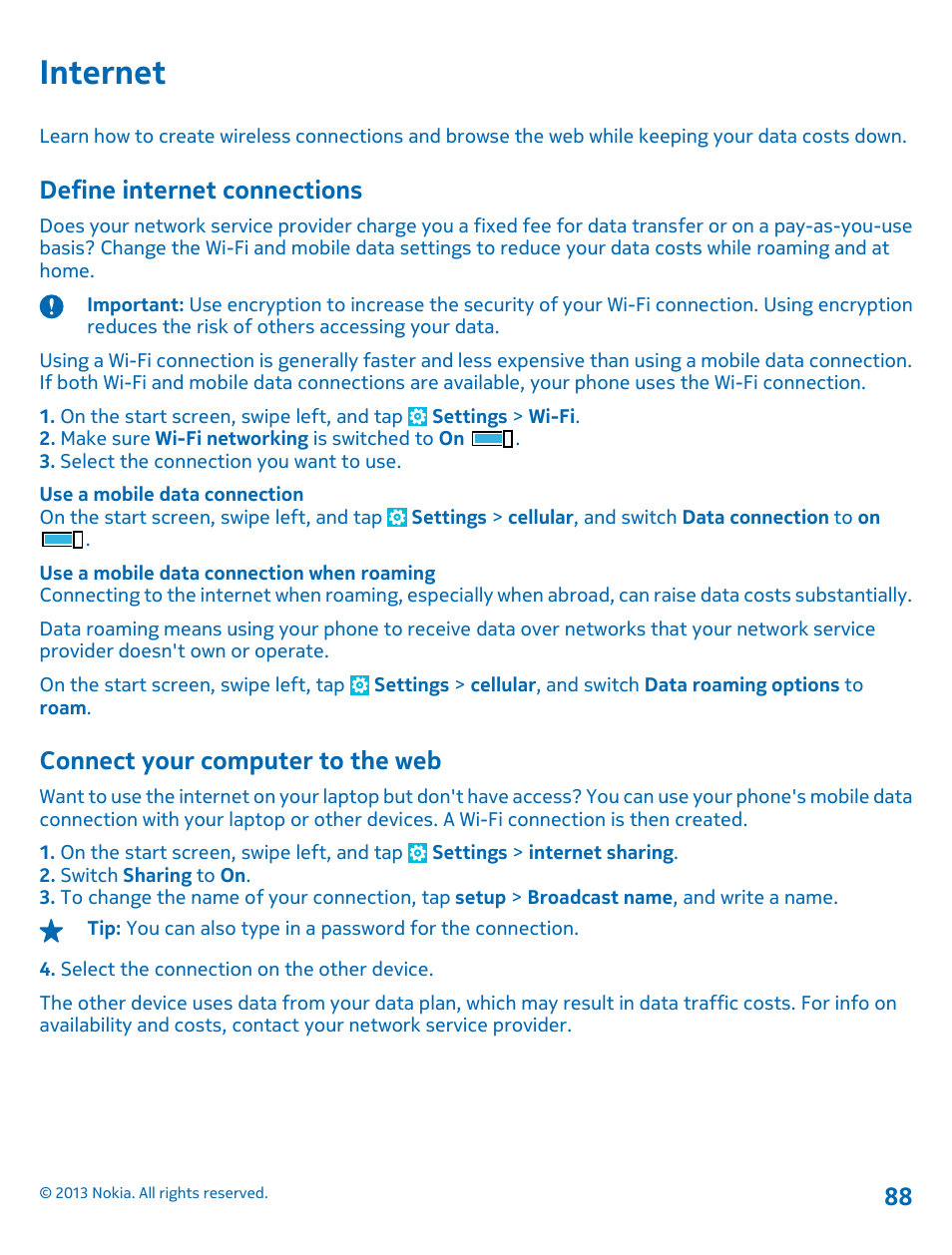 Internet, Define internet connections, Connect your computer to the web | Internet 88 define internet connections | Nokia Lumia 1520 User Manual | Page 88 / 128