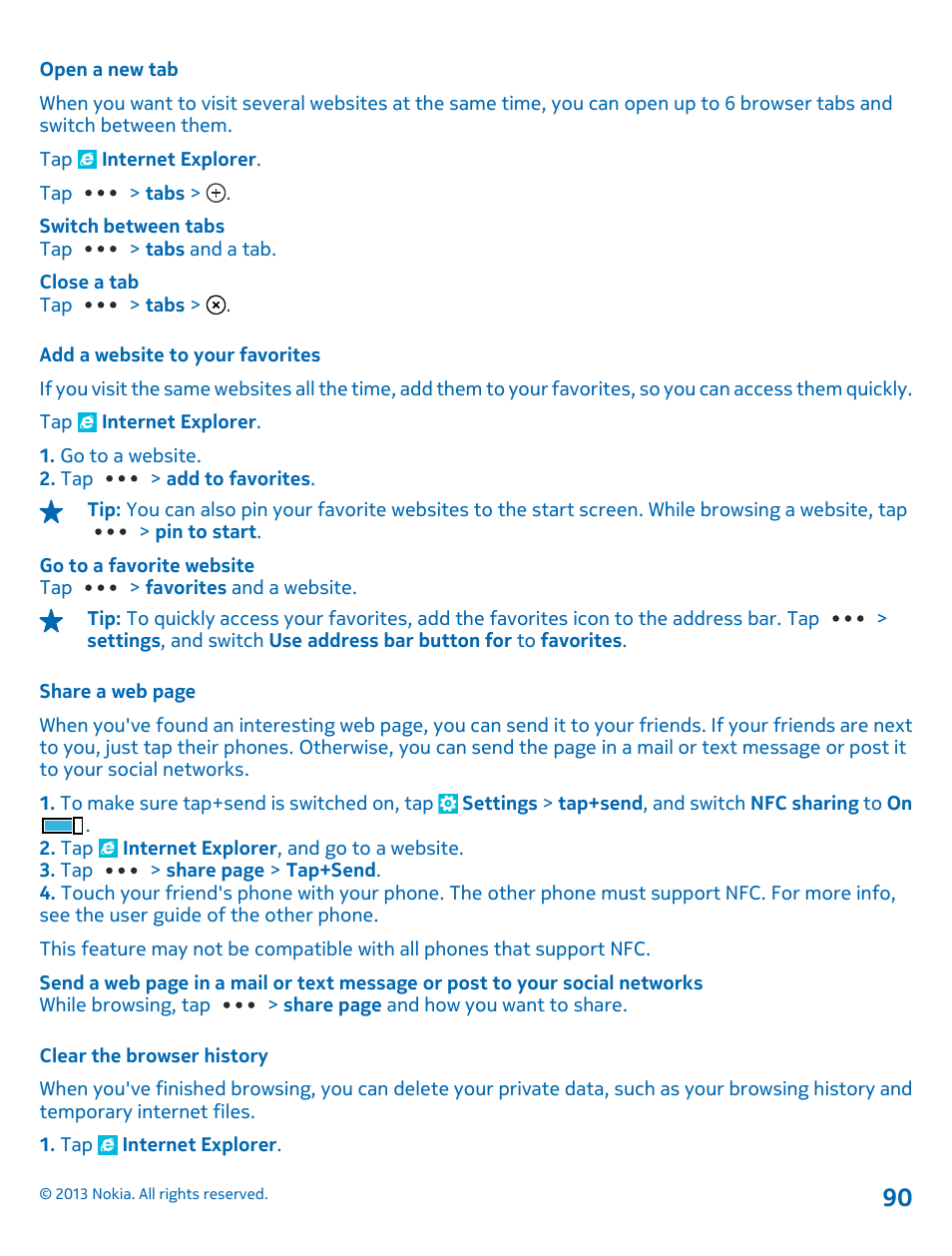 Open a new tab, Add a website to your favorites, Clear the browser history | Nokia Lumia 1520 User Manual | Page 90 / 128