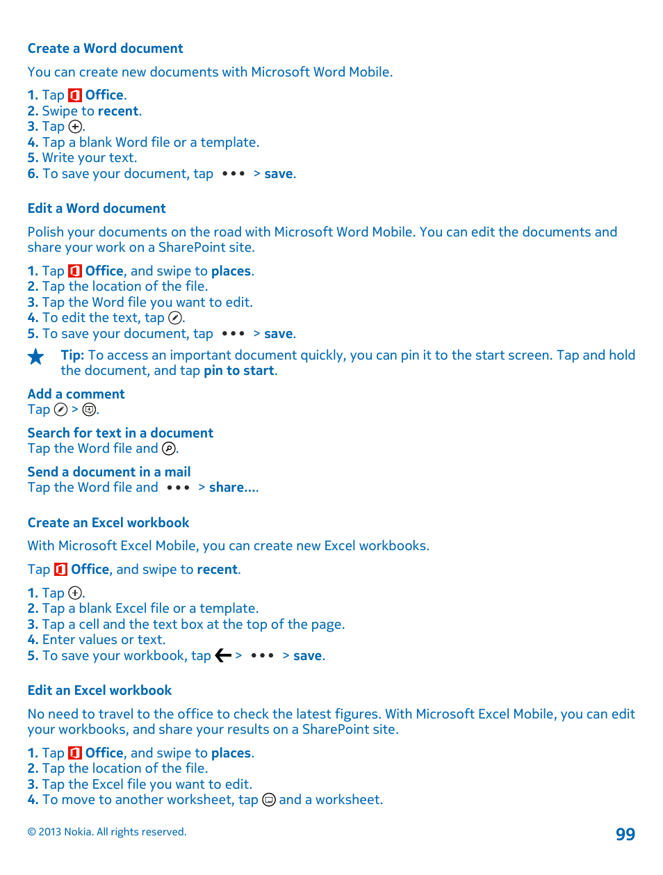 Create a word document, Edit a word document, Create an excel workbook | Edit an excel workbook | Nokia Lumia 1520 User Manual | Page 99 / 128