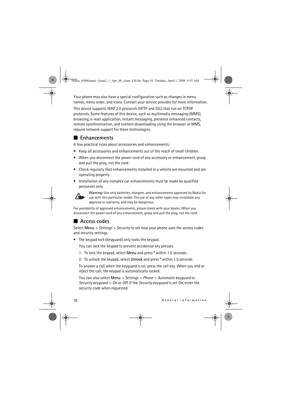 Enhancements, Access codes | Nokia 6500 Classic User Manual | Page 10 / 54