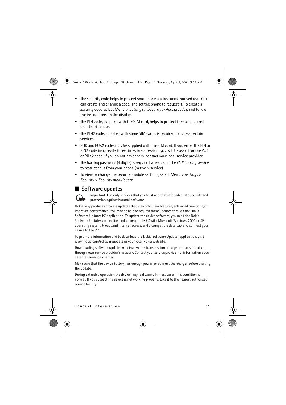 Software updates | Nokia 6500 Classic User Manual | Page 11 / 54