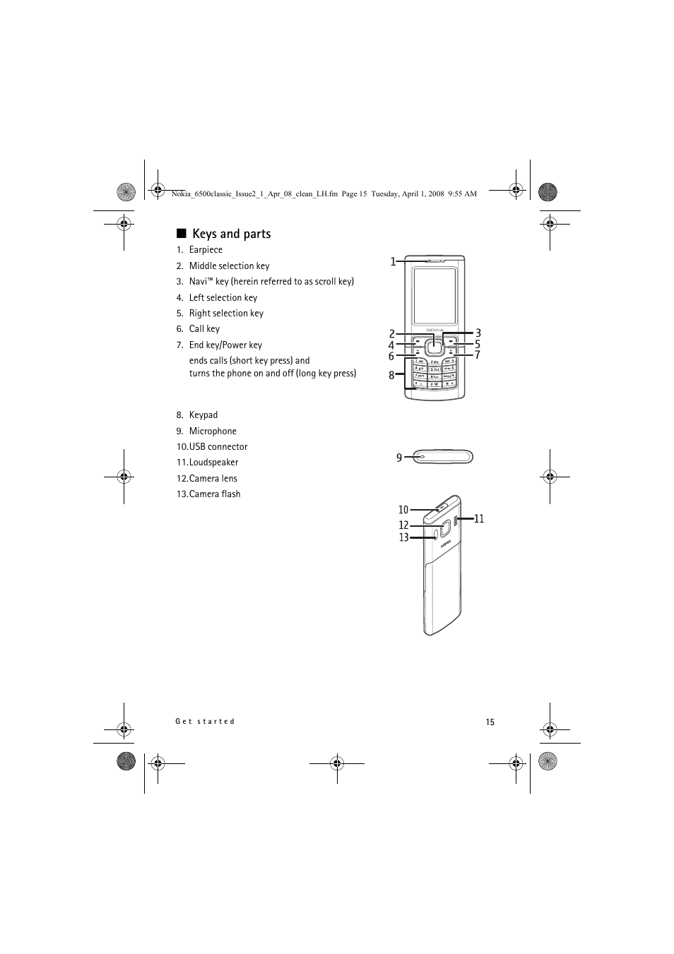 Keys and parts | Nokia 6500 Classic User Manual | Page 15 / 54