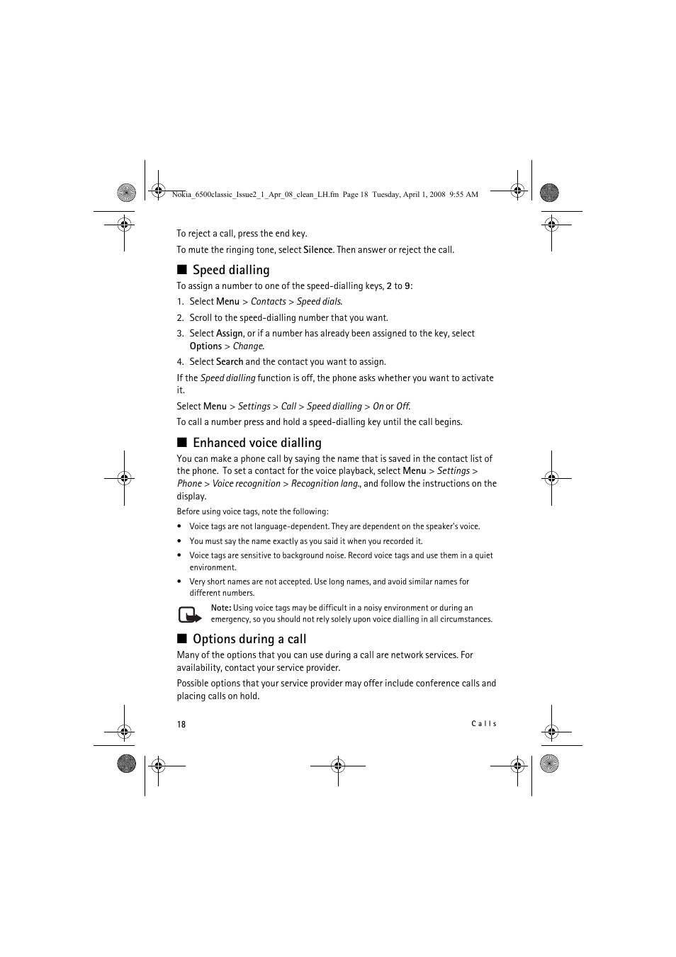 Speed dialling, Enhanced voice dialling, Options during a call | Nokia 6500 Classic User Manual | Page 18 / 54