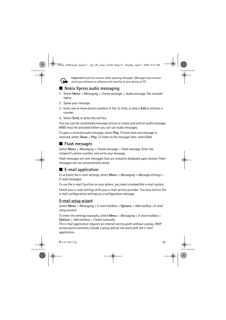 Nokia xpress audio messaging, Flash messages, E-mail application | Nokia 6500 Classic User Manual | Page 21 / 54