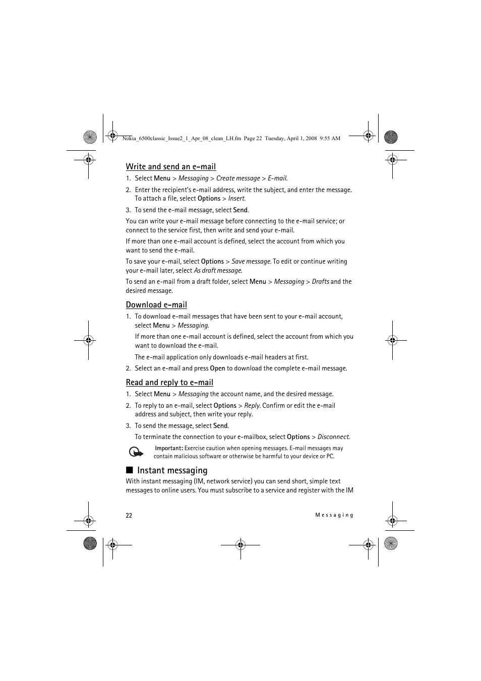 Instant messaging | Nokia 6500 Classic User Manual | Page 22 / 54