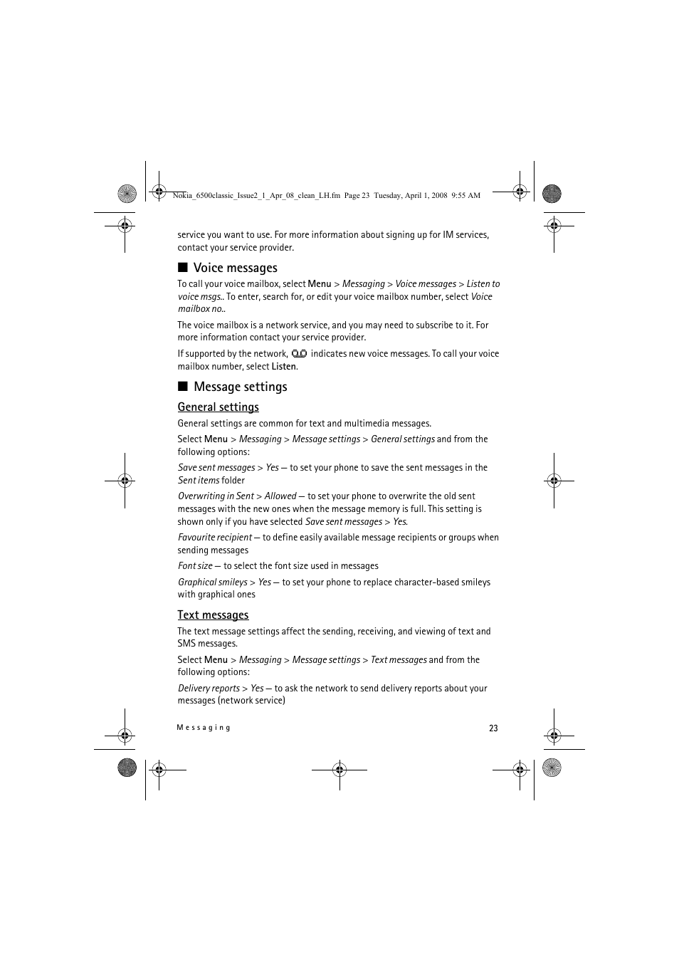 Voice messages, Message settings | Nokia 6500 Classic User Manual | Page 23 / 54
