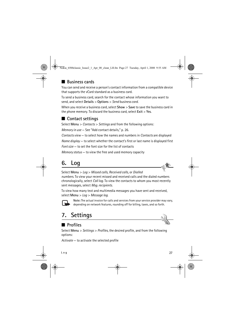 Settings, Business cards, Contact settings | Profiles | Nokia 6500 Classic User Manual | Page 27 / 54