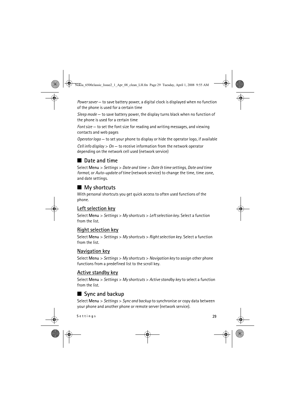 Date and time, My shortcuts, Sync and backup | Nokia 6500 Classic User Manual | Page 29 / 54