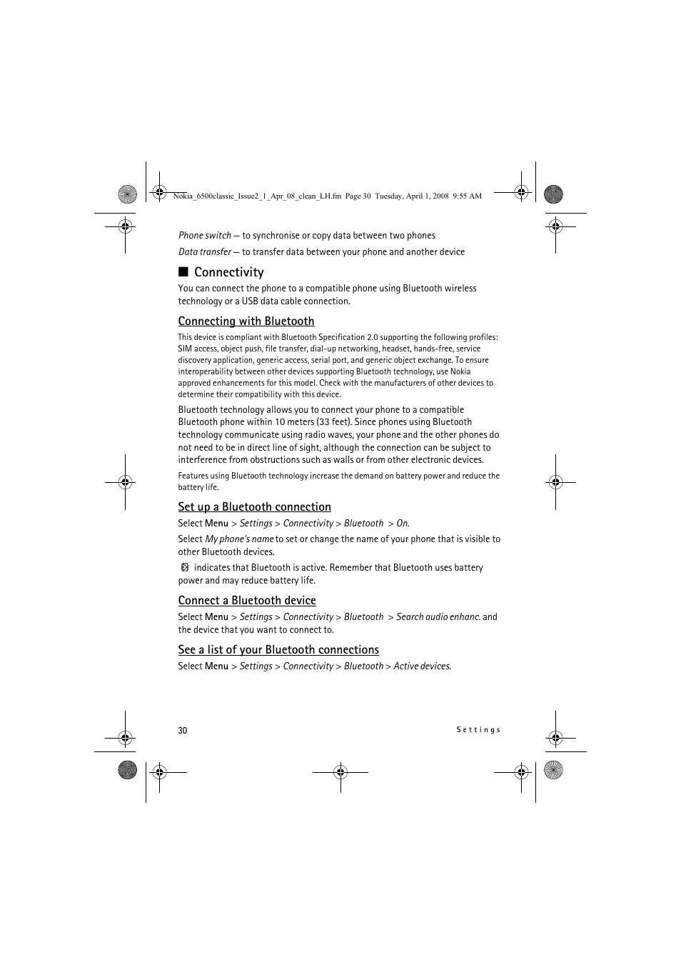Connectivity | Nokia 6500 Classic User Manual | Page 30 / 54