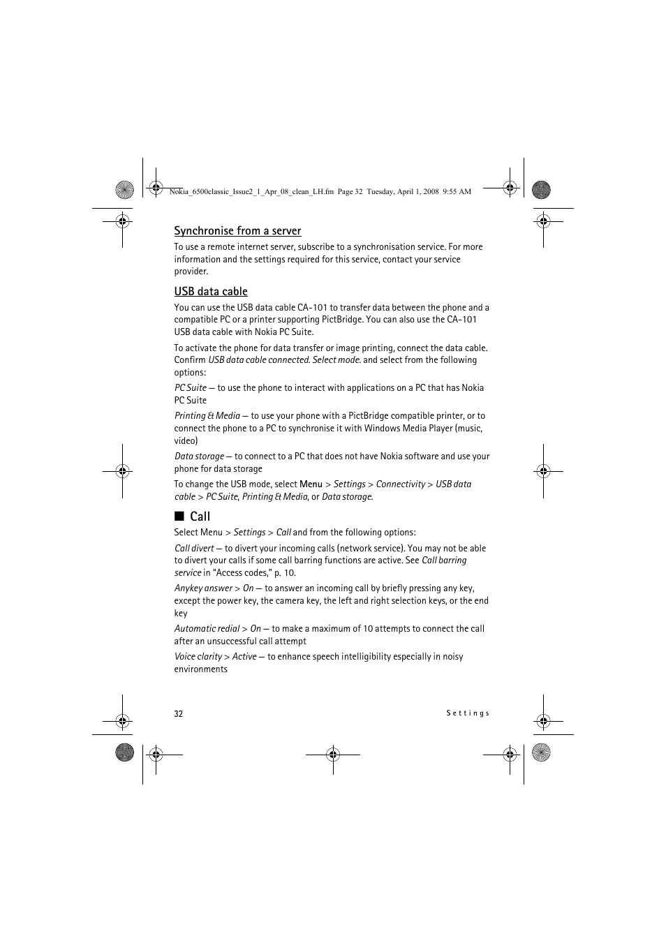 Call | Nokia 6500 Classic User Manual | Page 32 / 54