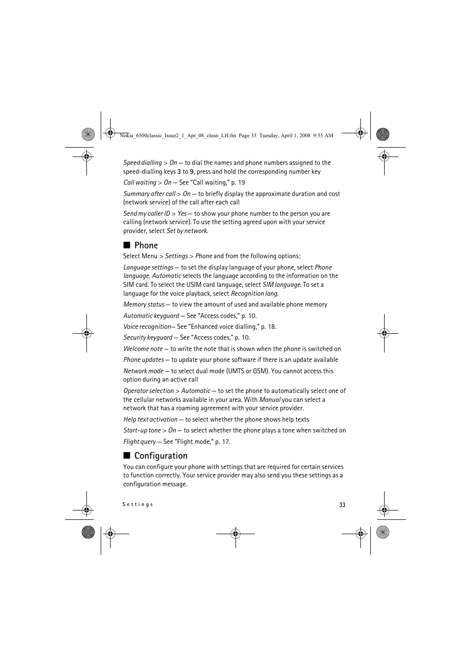 Phone, Configuration | Nokia 6500 Classic User Manual | Page 33 / 54