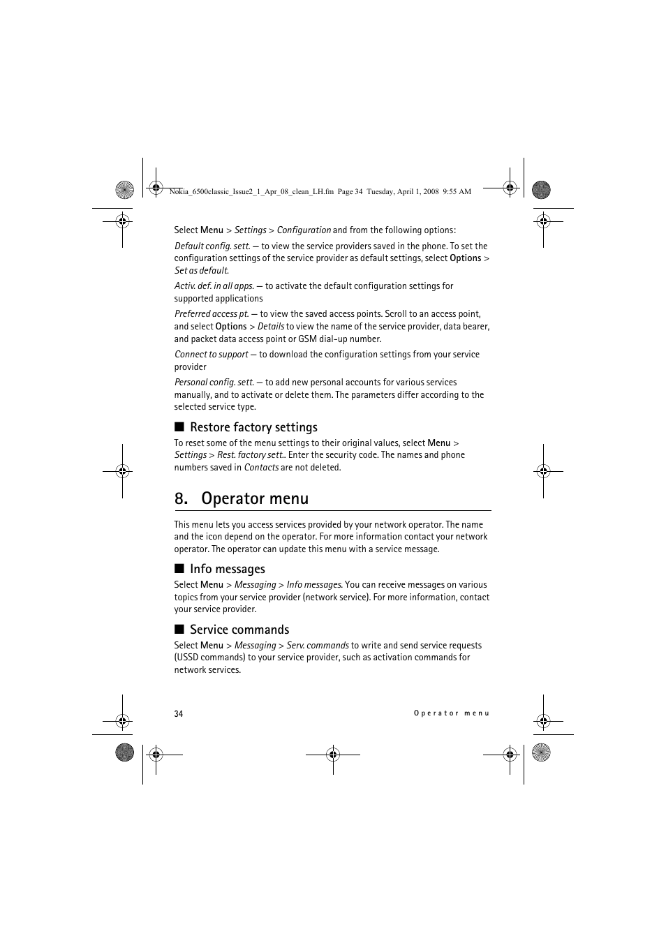 Operator menu, Restore factory settings, Info messages | Service commands | Nokia 6500 Classic User Manual | Page 34 / 54