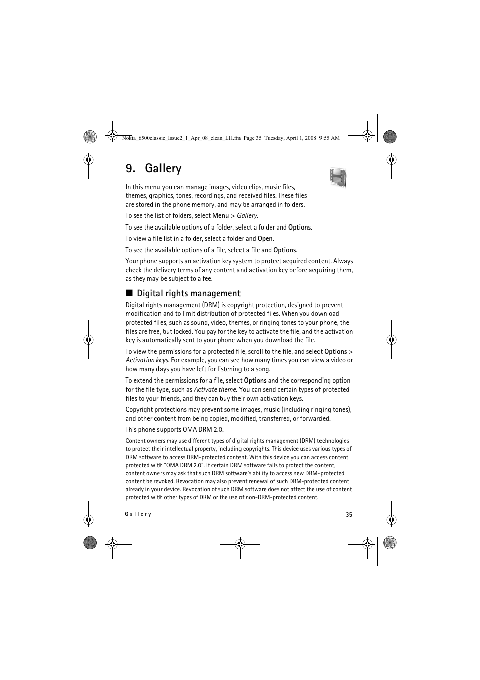 Gallery, Digital rights management | Nokia 6500 Classic User Manual | Page 35 / 54