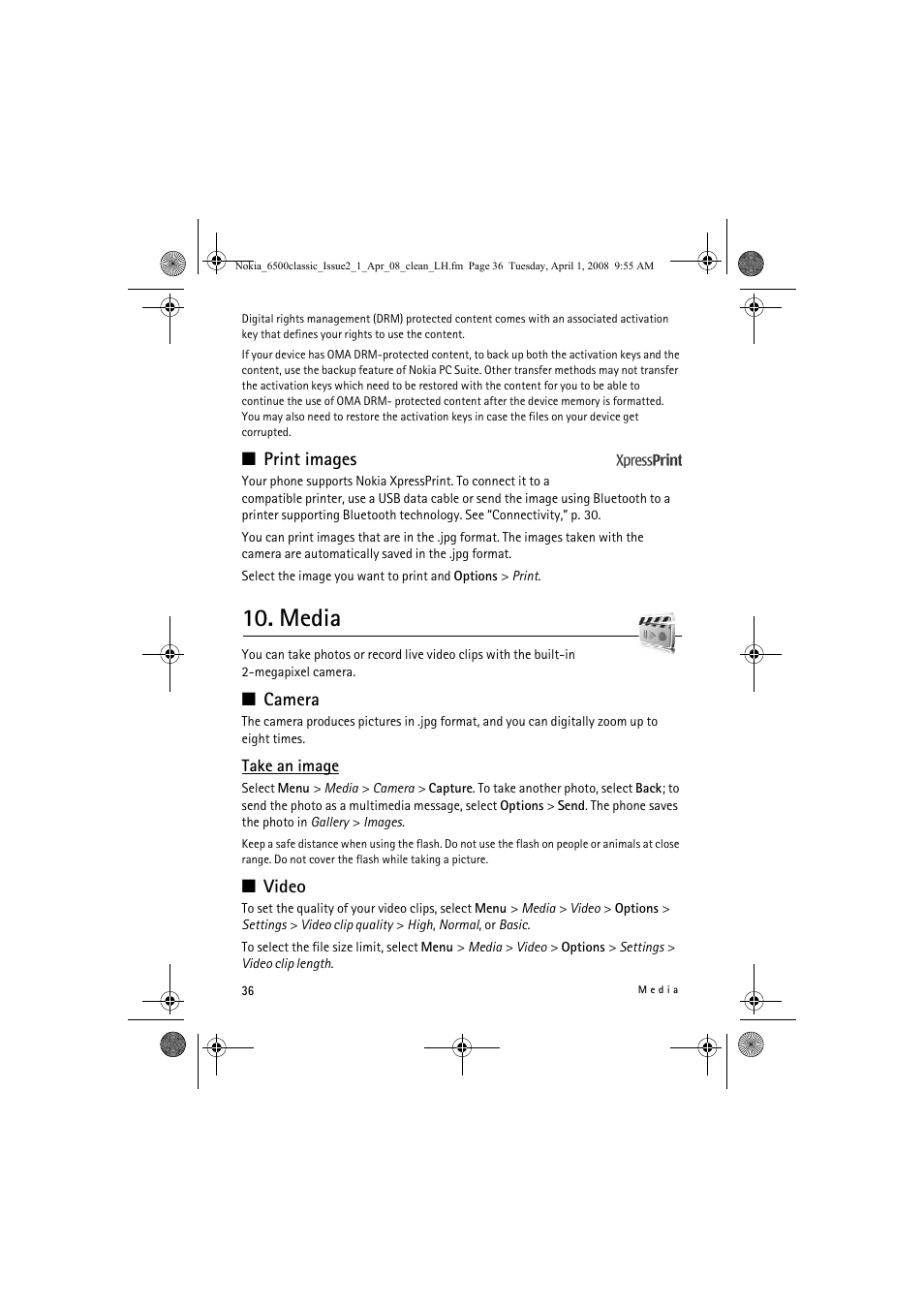 Media, Print images, Camera | Video | Nokia 6500 Classic User Manual | Page 36 / 54