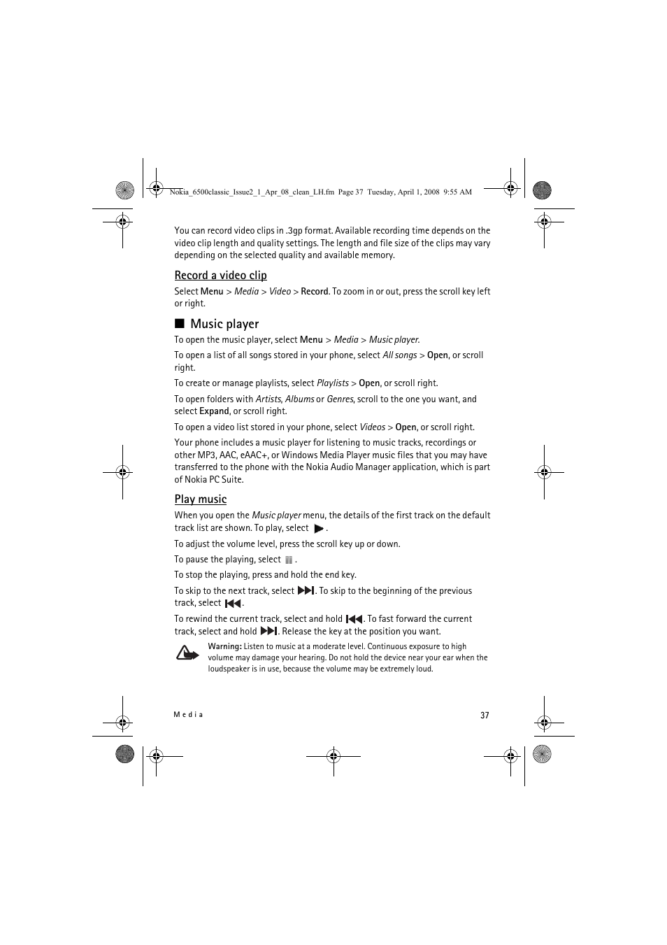 Music player | Nokia 6500 Classic User Manual | Page 37 / 54