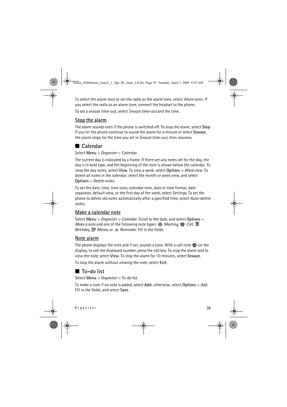 Calendar, To-do list | Nokia 6500 Classic User Manual | Page 39 / 54