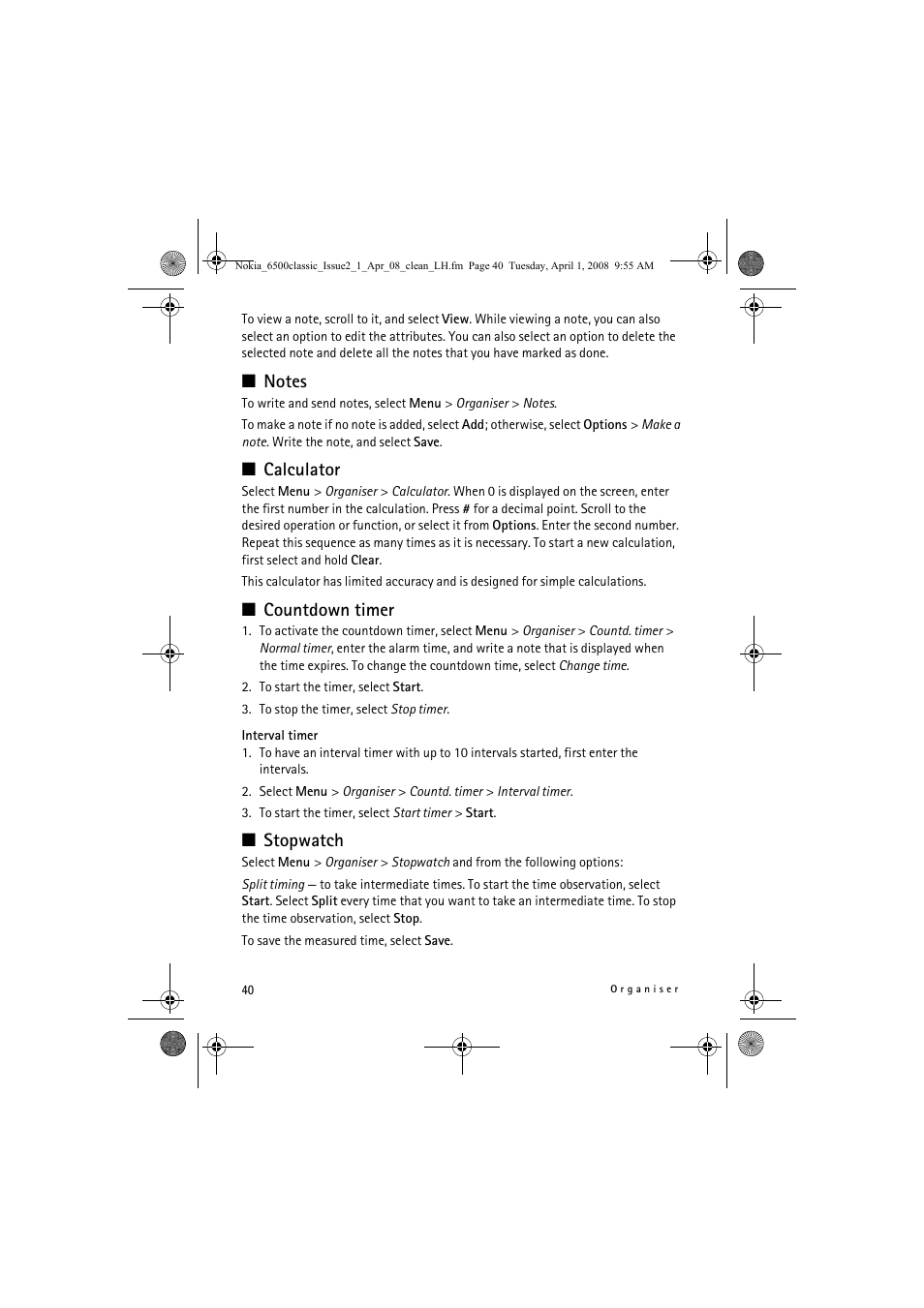 Calculator, Countdown timer, Stopwatch | Nokia 6500 Classic User Manual | Page 40 / 54