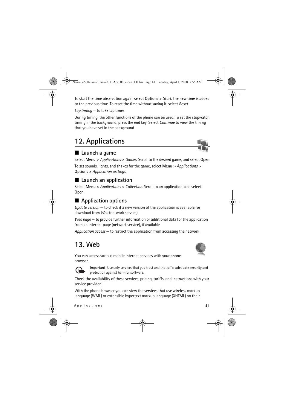 Applications, Launch a game, Launch an application | Application options | Nokia 6500 Classic User Manual | Page 41 / 54