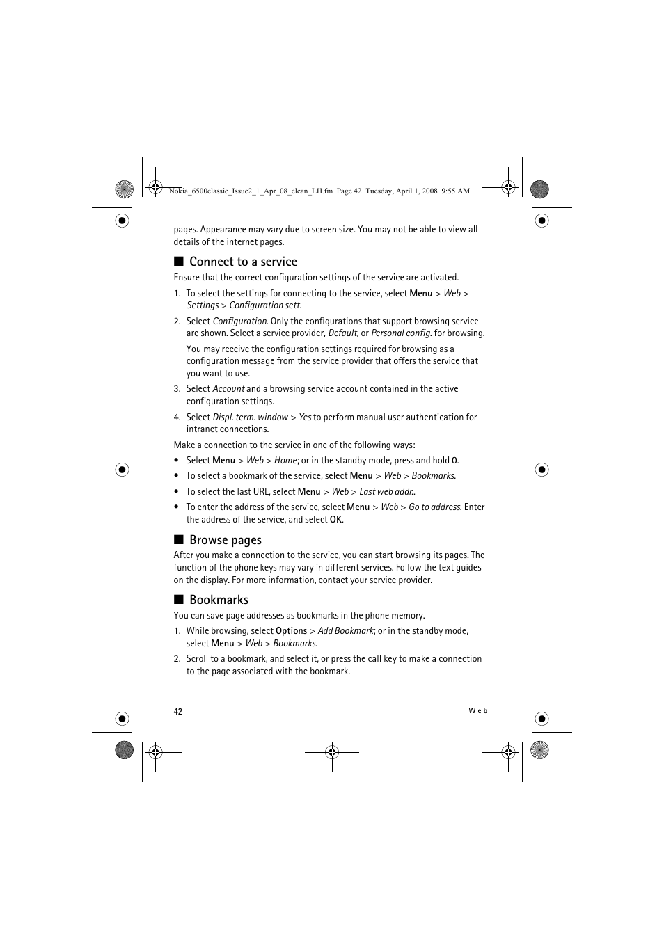 Connect to a service, Browse pages, Bookmarks | Nokia 6500 Classic User Manual | Page 42 / 54