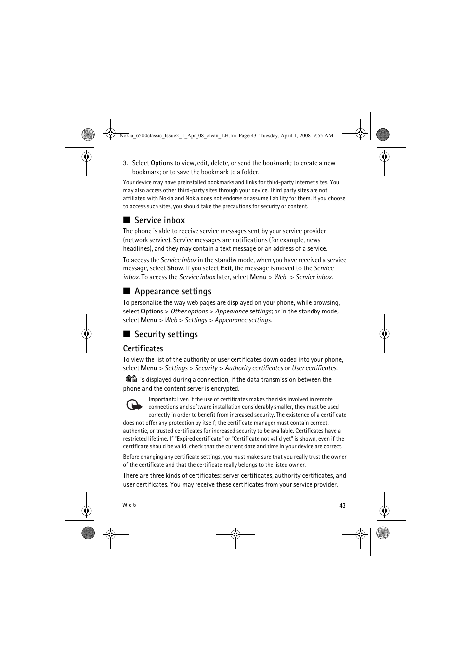 Service inbox, Appearance settings, Security settings | Nokia 6500 Classic User Manual | Page 43 / 54