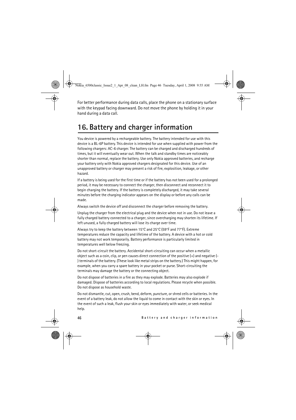 Battery and charger information | Nokia 6500 Classic User Manual | Page 46 / 54
