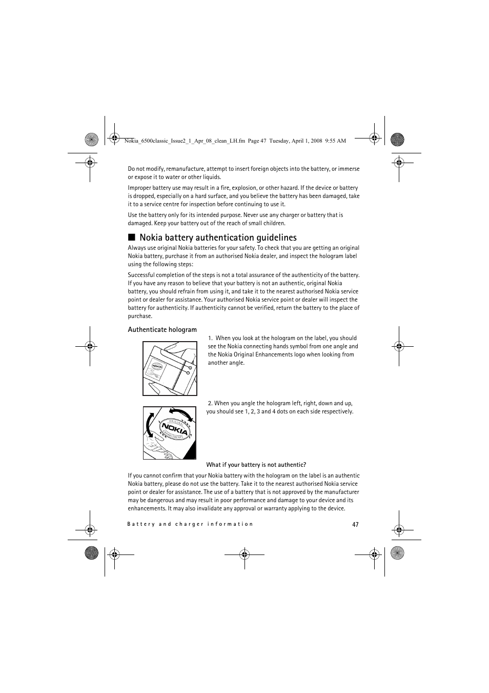 Nokia battery authentication guidelines | Nokia 6500 Classic User Manual | Page 47 / 54