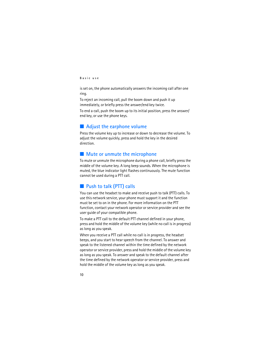 Adjust the earphone volume, Mute or unmute the microphone, Push to talk (ptt) calls | Nokia Bluetooth Headset BH-900 User Manual | Page 10 / 13