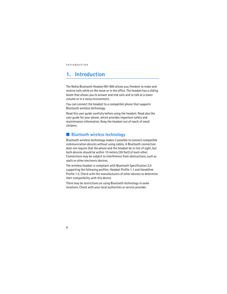 Introduction, Bluetooth wireless technology | Nokia Bluetooth Headset BH-900 User Manual | Page 4 / 13
