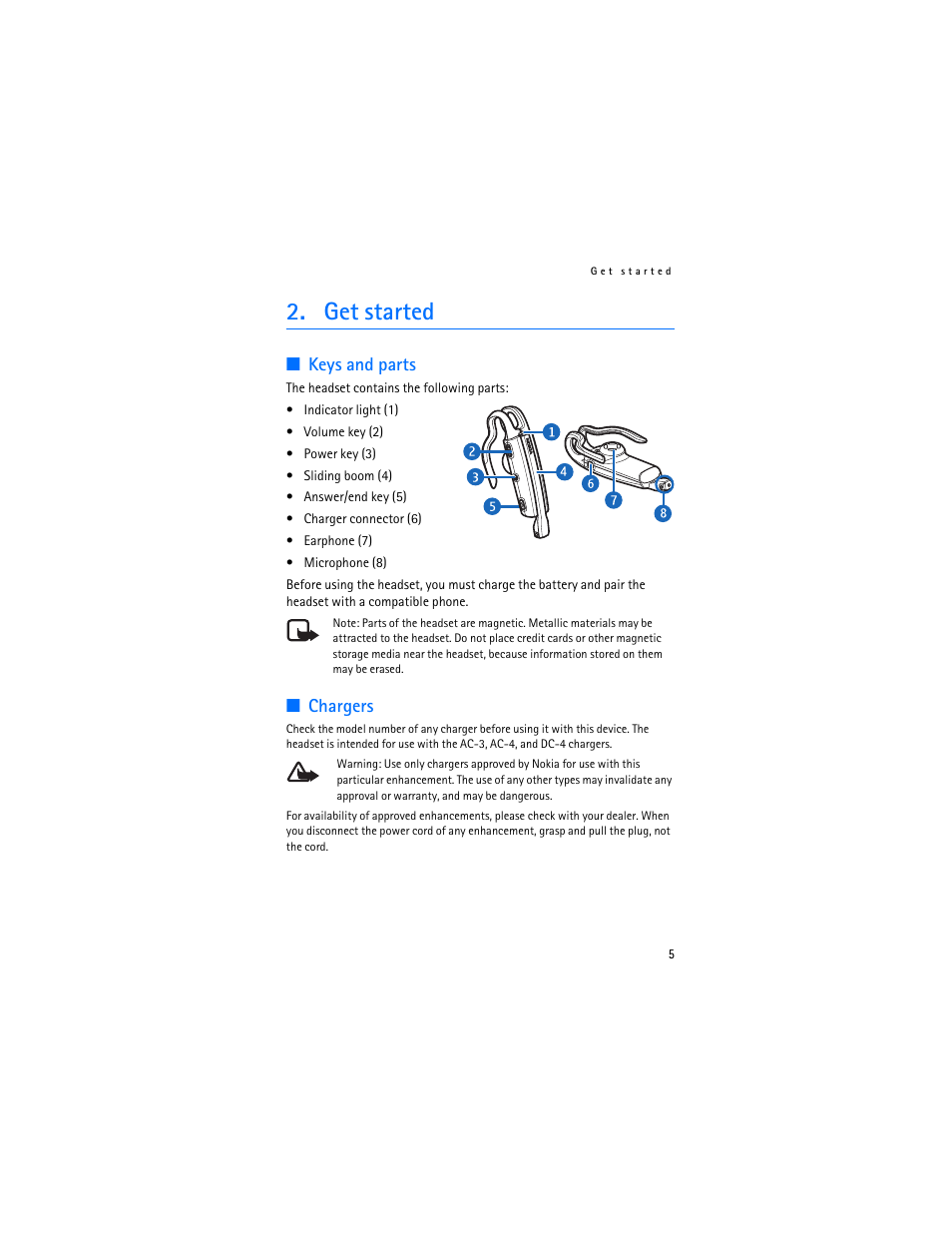 Get started, Keys and parts, Chargers | Nokia Bluetooth Headset BH-900 User Manual | Page 5 / 13