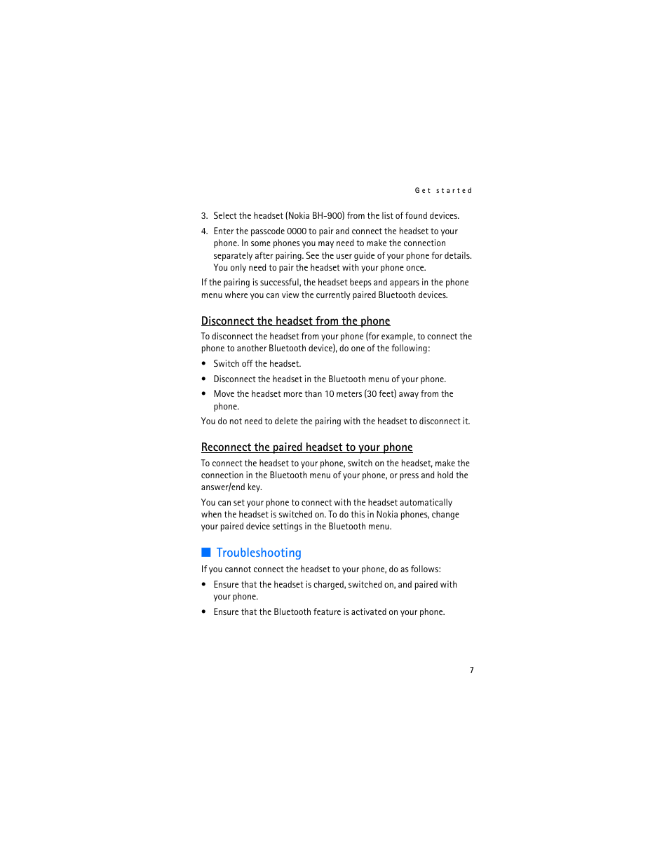 Disconnect the headset from the phone, Reconnect the paired headset to your phone, Troubleshooting | Nokia Bluetooth Headset BH-900 User Manual | Page 7 / 13