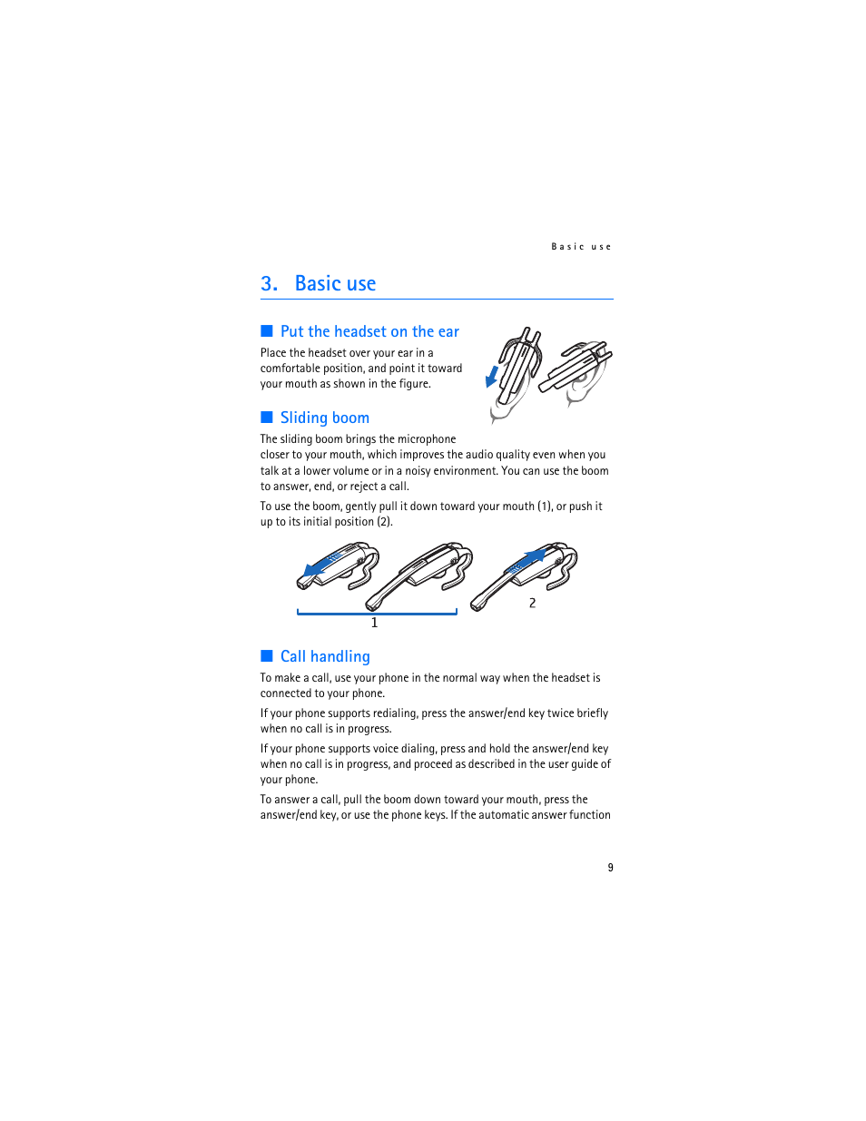 Basic use, Put the headset on the ear, Sliding boom | Call handling | Nokia Bluetooth Headset BH-900 User Manual | Page 9 / 13