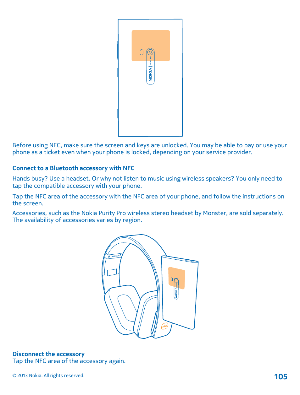 Connect to a bluetooth accessory with nfc | Nokia Lumia 920 User Manual | Page 105 / 123