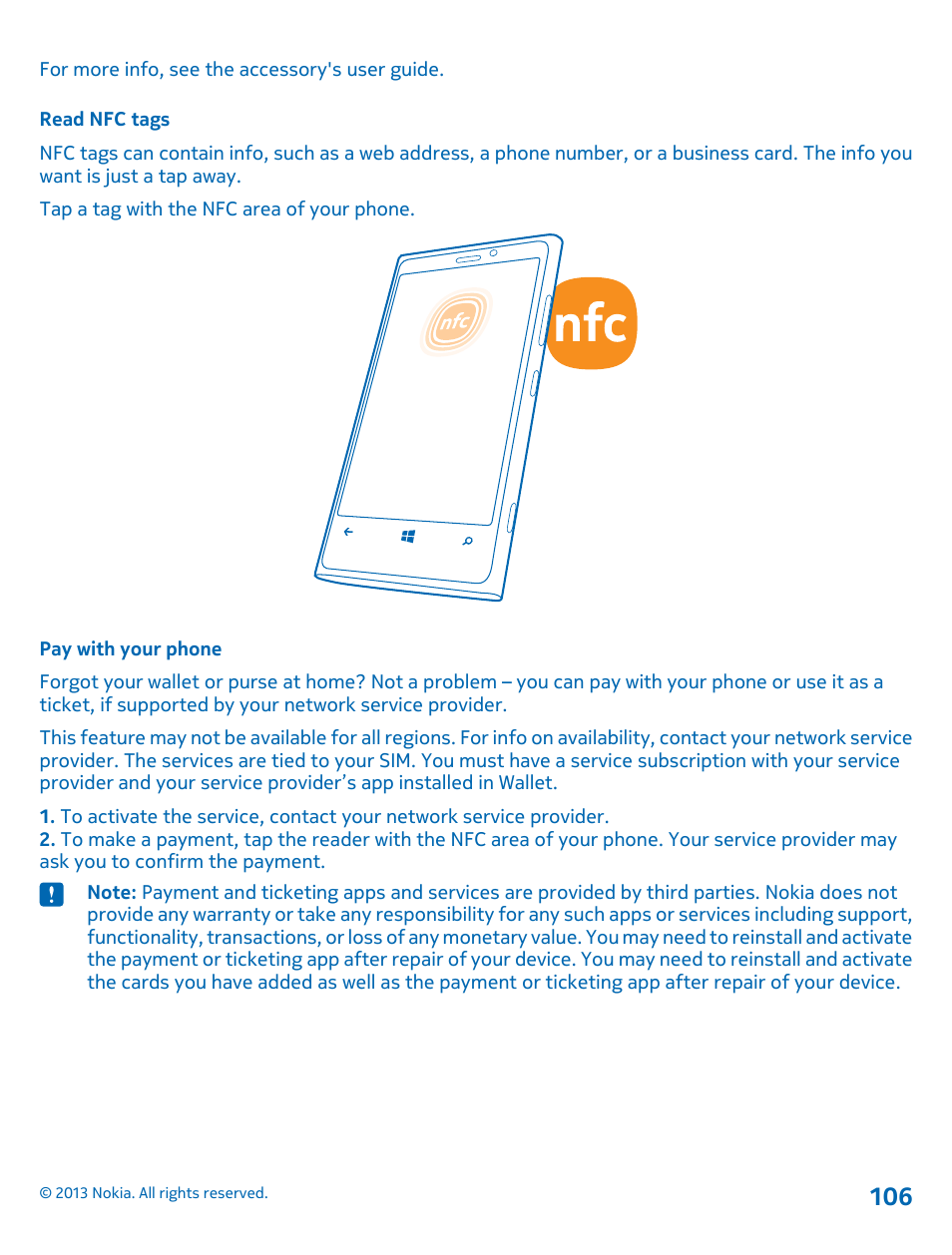 Read nfc tags, Pay with your phone | Nokia Lumia 920 User Manual | Page 106 / 123