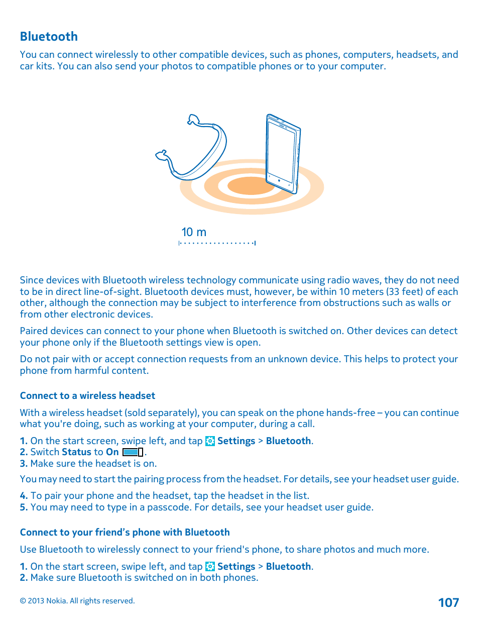 Bluetooth, Connect to a wireless headset, Connect to your friend’s phone with bluetooth | Bluetooth 107 | Nokia Lumia 920 User Manual | Page 107 / 123