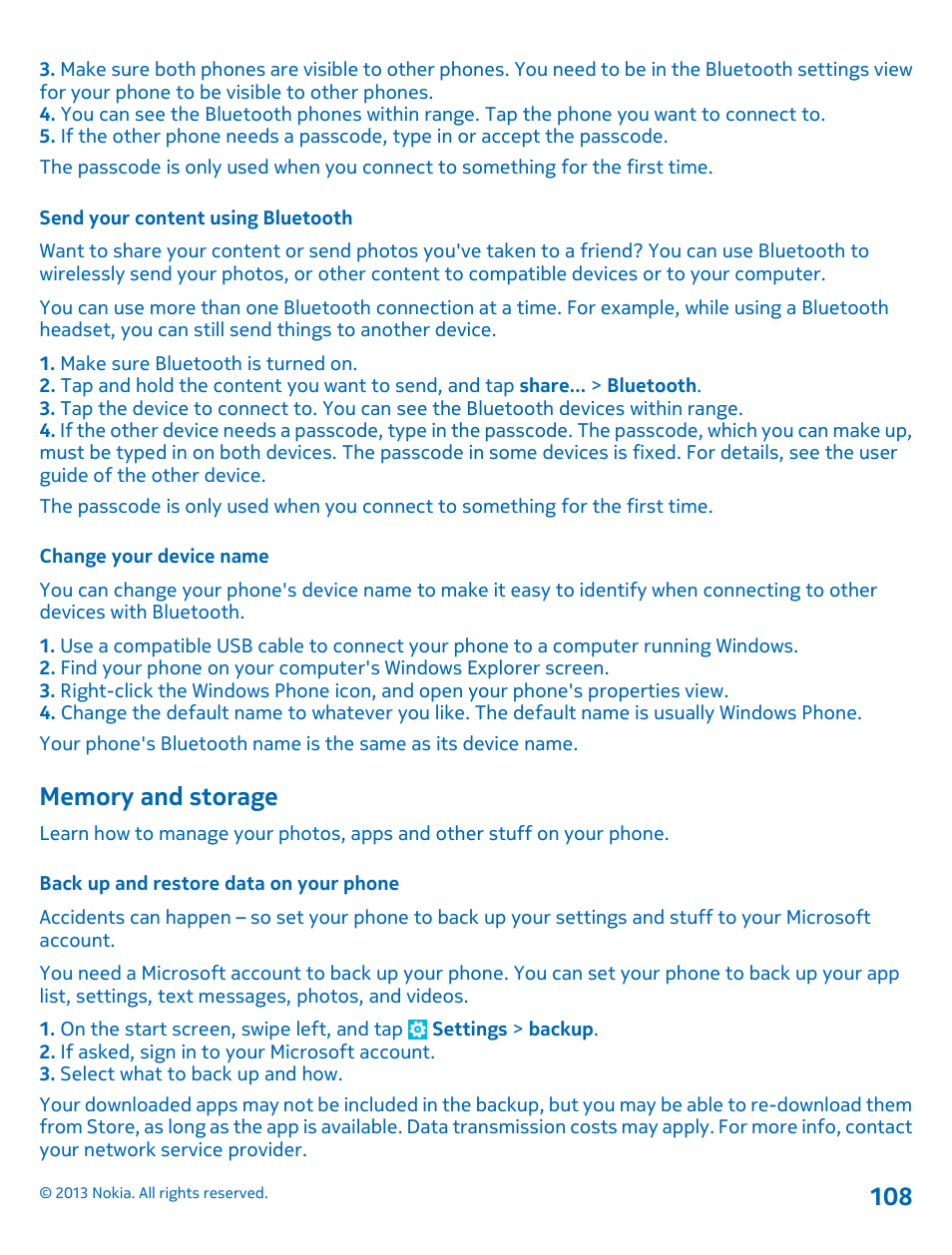Send your content using bluetooth, Change your device name, Memory and storage | Back up and restore data on your phone | Nokia Lumia 920 User Manual | Page 108 / 123
