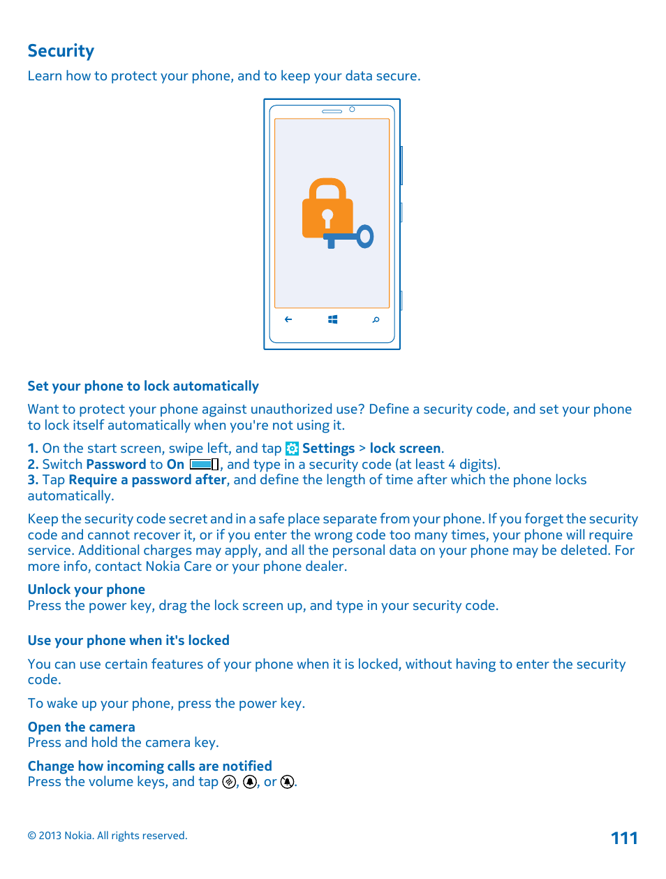 Security, Set your phone to lock automatically, Use your phone when it's locked | Security 111 | Nokia Lumia 920 User Manual | Page 111 / 123