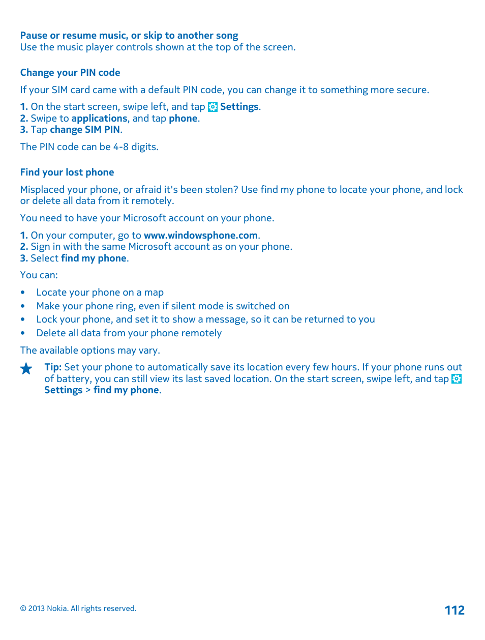 Change your pin code, Find your lost phone | Nokia Lumia 920 User Manual | Page 112 / 123