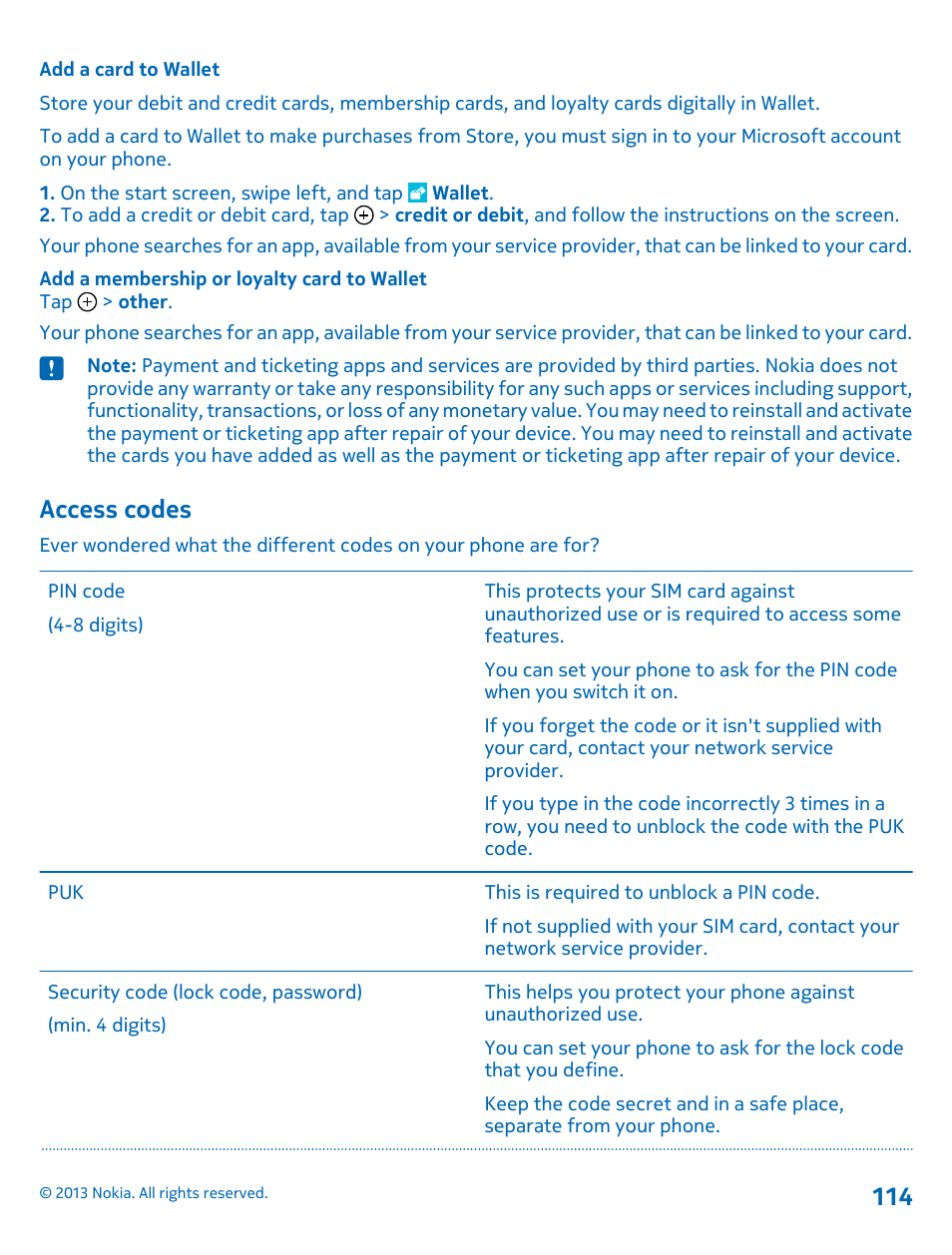 Add a card to wallet, Access codes | Nokia Lumia 920 User Manual | Page 114 / 123