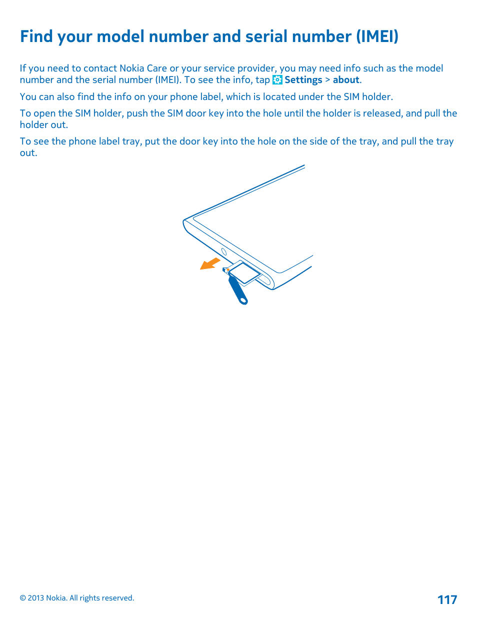 Find your model number and serial number (imei), Find your model number and serial, Number (imei) | Nokia Lumia 920 User Manual | Page 117 / 123