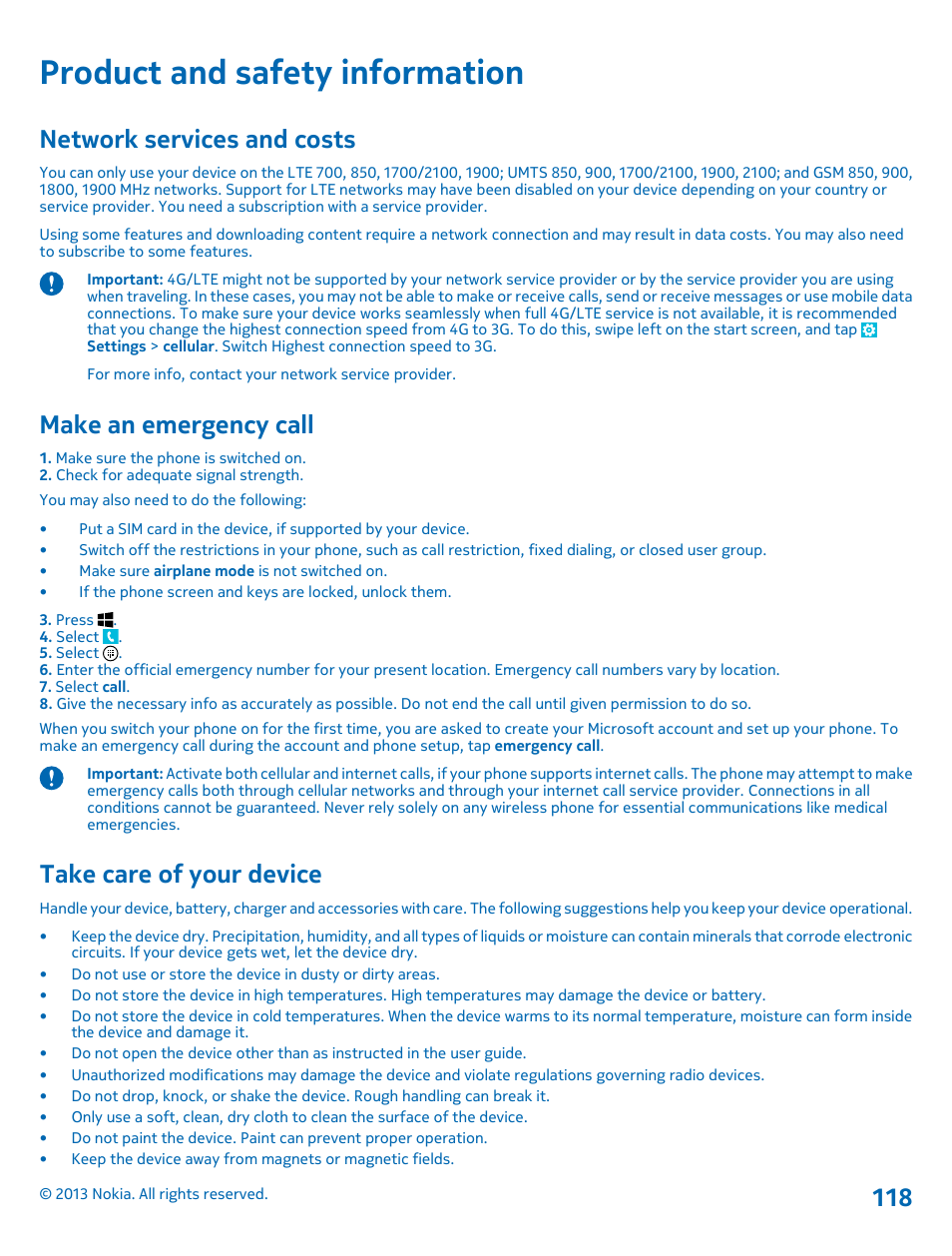 Product and safety information, Network services and costs, Make an emergency call | Take care of your device | Nokia Lumia 920 User Manual | Page 118 / 123