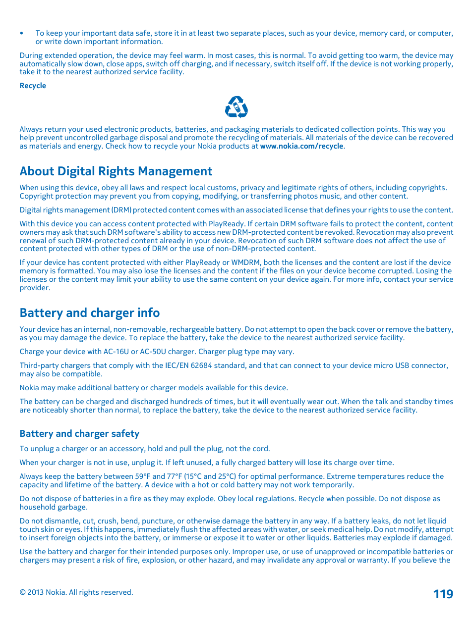 About digital rights management, Battery and charger info, Battery and charger safety | Nokia Lumia 920 User Manual | Page 119 / 123