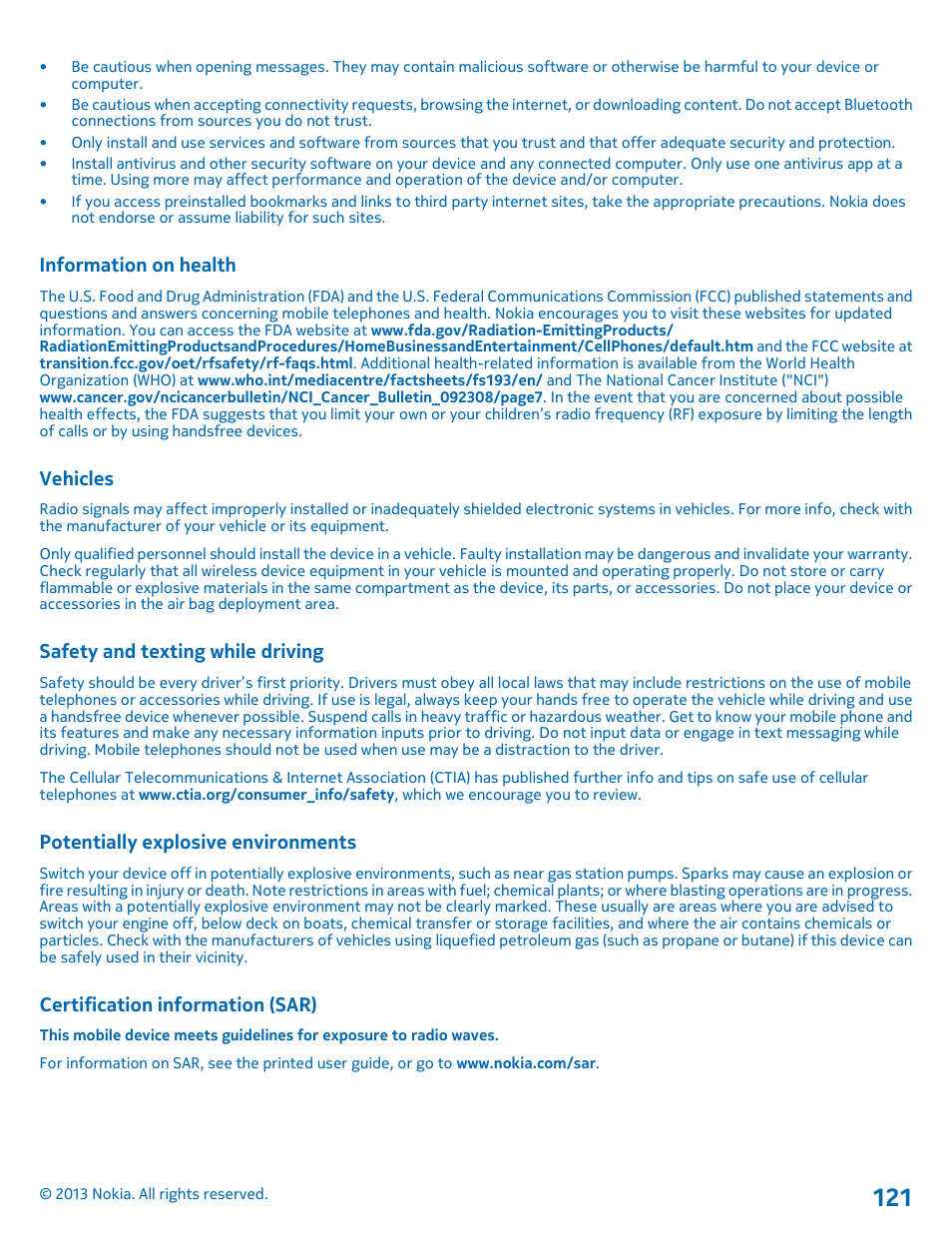 Information on health, Vehicles, Safety and texting while driving | Potentially explosive environments, Certification information (sar) | Nokia Lumia 920 User Manual | Page 121 / 123
