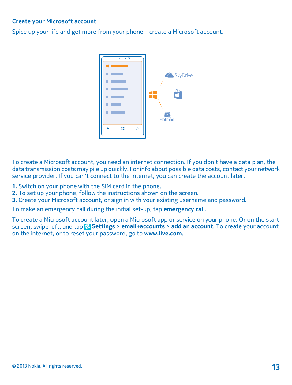Create your microsoft account | Nokia Lumia 920 User Manual | Page 13 / 123