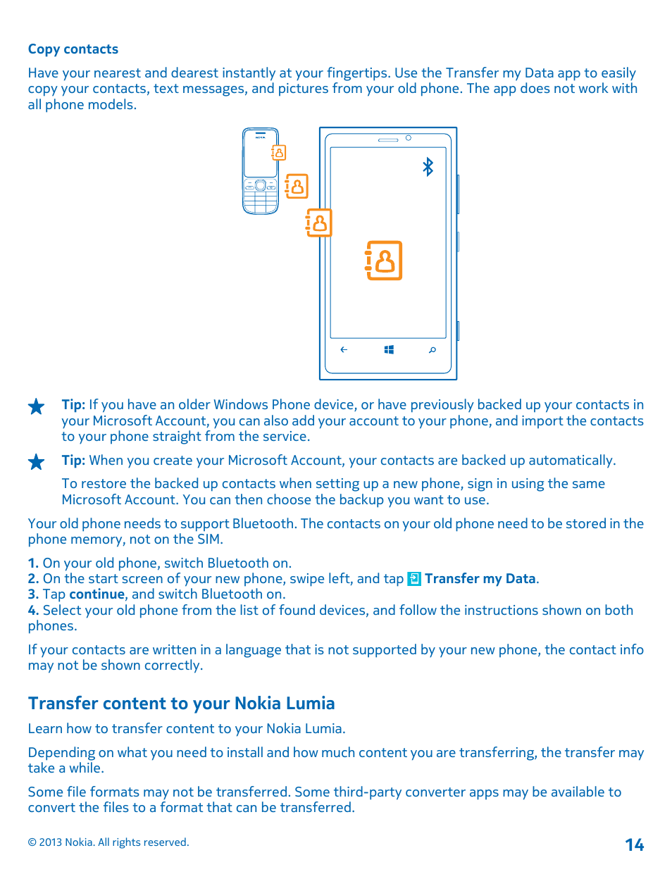 Copy contacts, Transfer content to your nokia lumia | Nokia Lumia 920 User Manual | Page 14 / 123